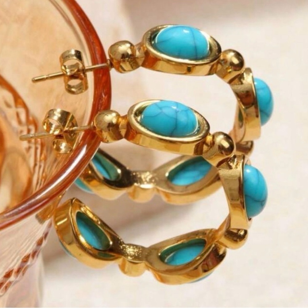 Gold Blue 14k plated hypoallergenic hoop earrings